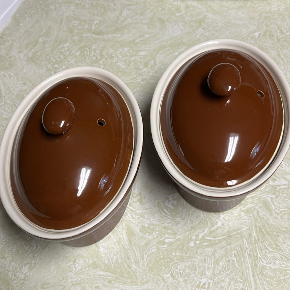 Vintage Hall Brown Stoneware oval soup bowls with lids (set of 2)